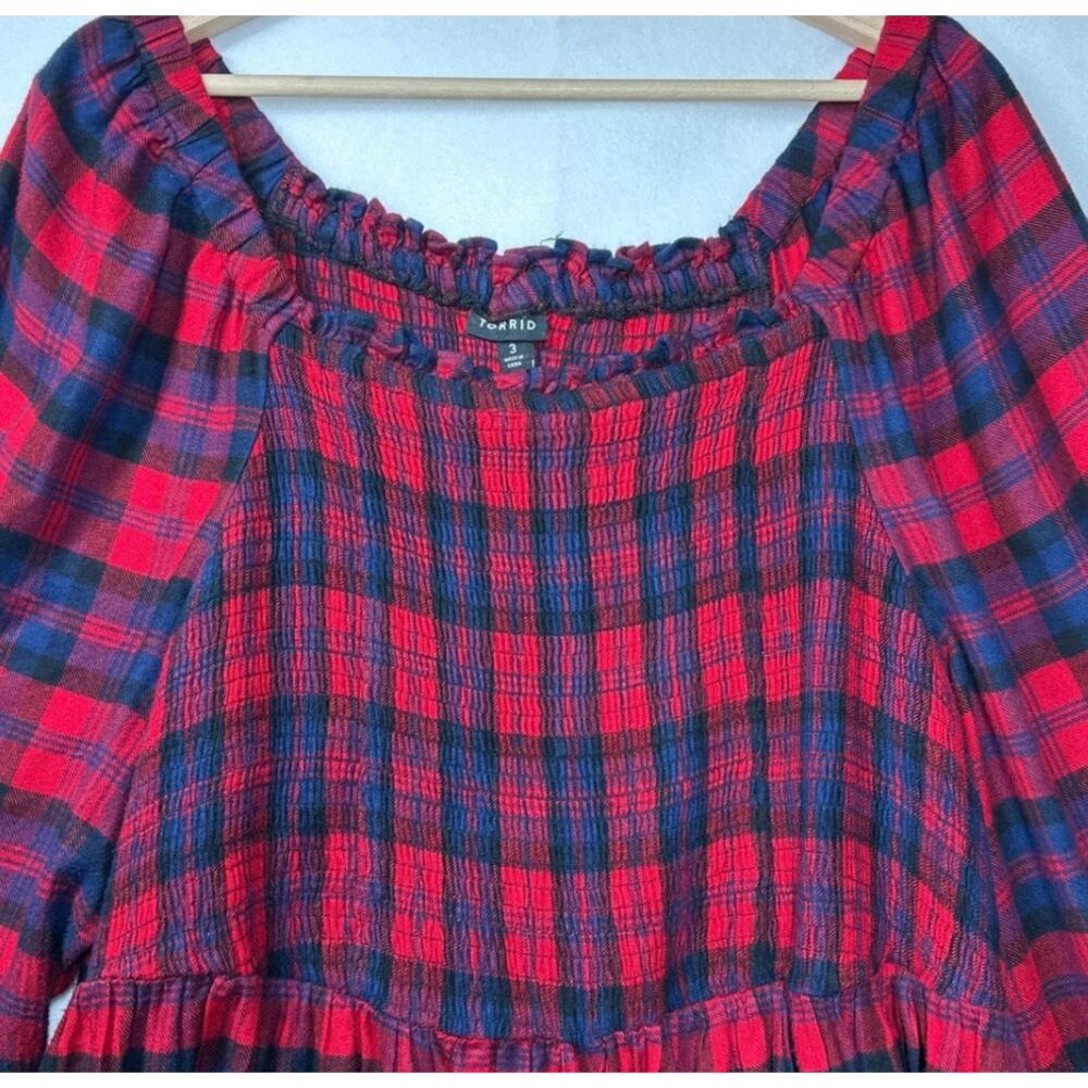 Torrid Red Smocked Babydoll Top Flannel Buffalo Plaid Sz 3 / 3X Puff Sleeve - Picture 3 of 12